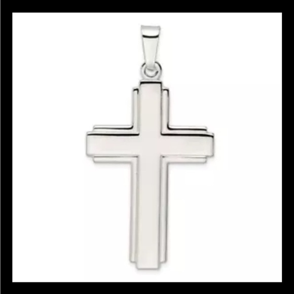925 Sterling Silver Polished w/Edge Lines Large Latin Cross Pendant NEW - Picture 1 of 4